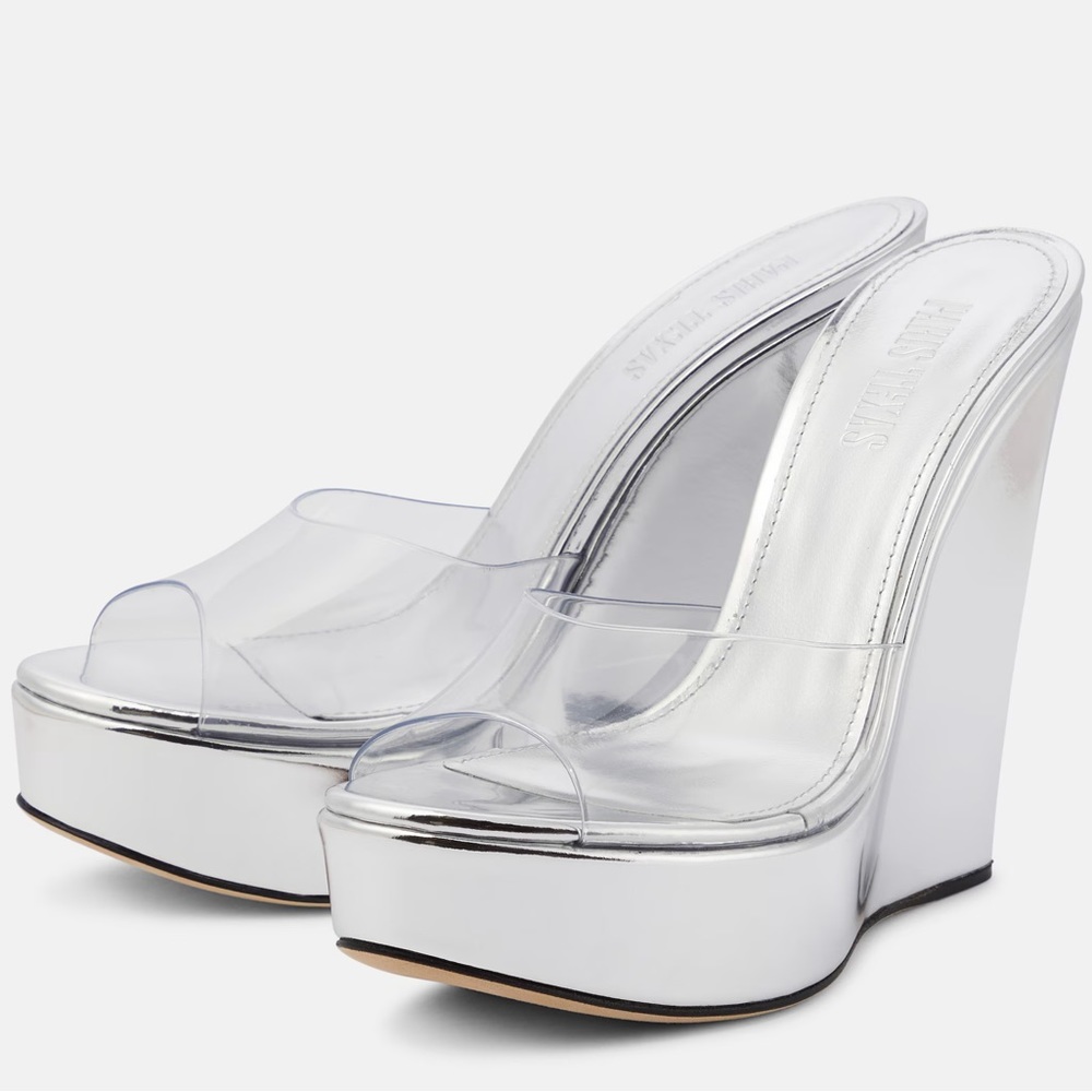 Paris Texas Lidia Metallic Leather Mules  Silver Cinderella Wedge - Picture 3 of 6